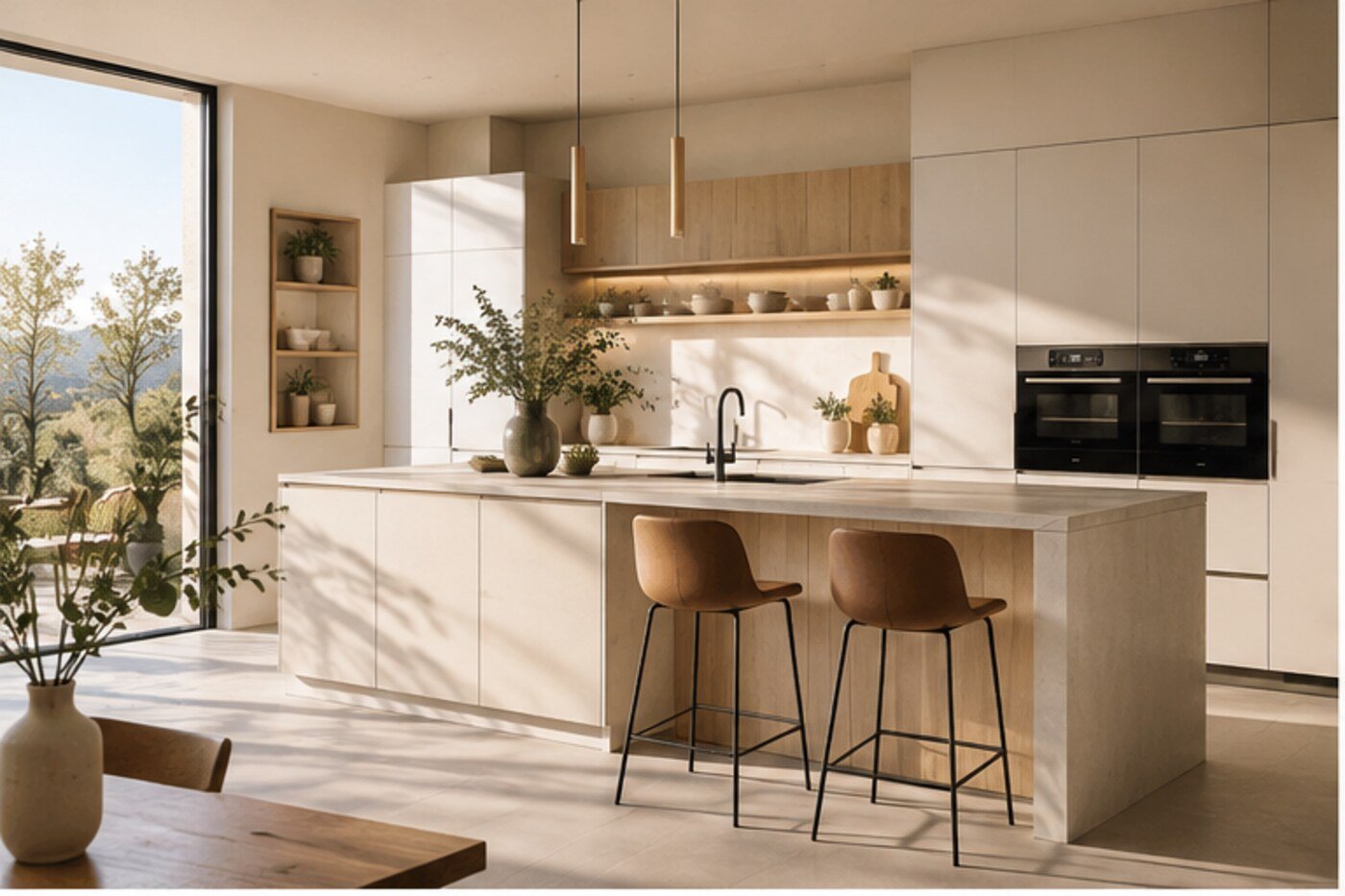 Cuisine contemporaine claire avec îlot central